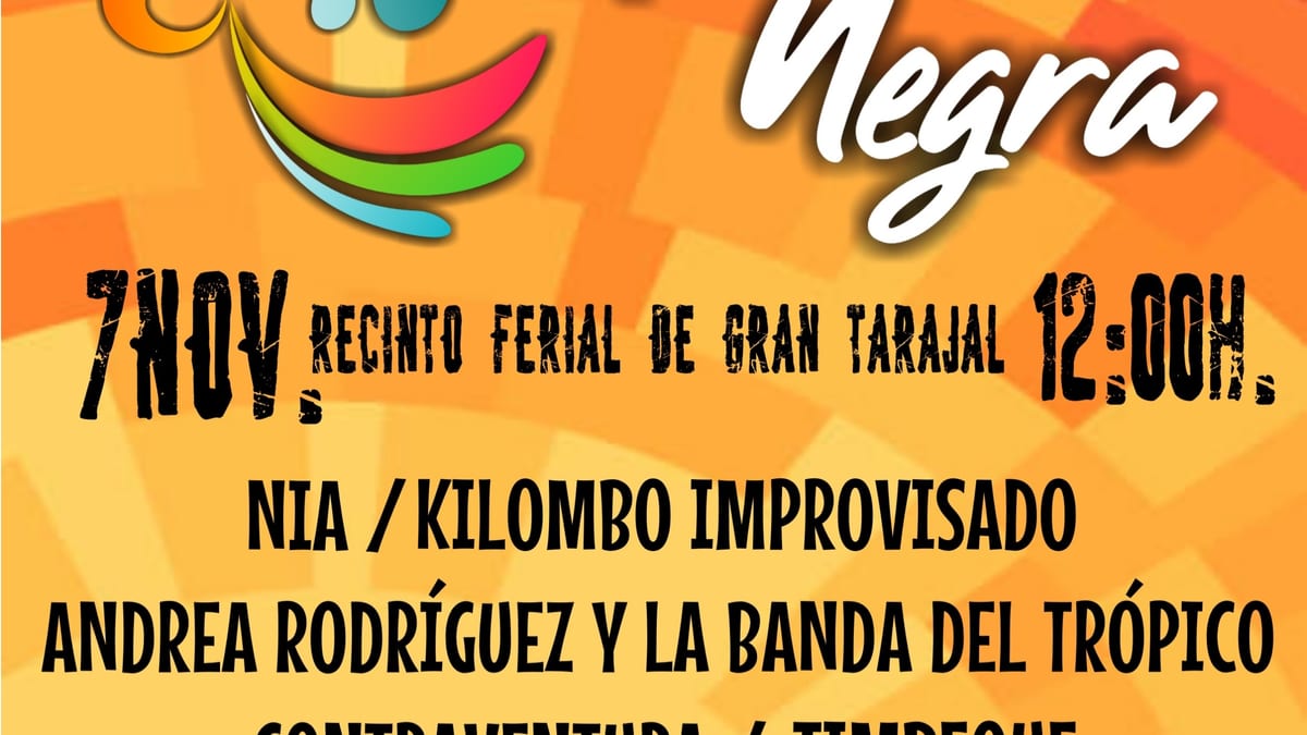 Cartel del Festival de Día Arena Negra del 7 de noviembre en el Recinto Ferial de Gran Tarajal, Fuerteventura, con las actuaciones de NIA, Kilombo Improvisado, Andrea Rodríguez y La Banda del Trópico, ContraVentura y Timbeque