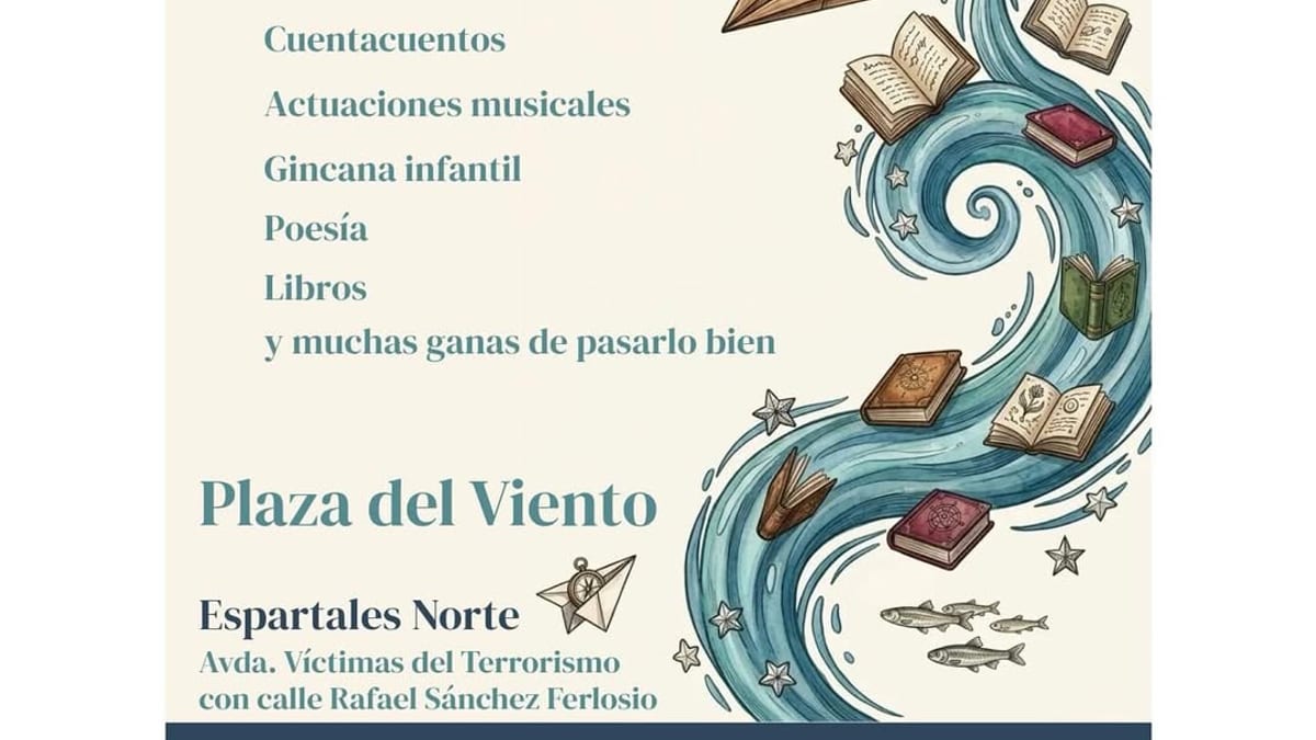 Cartel del III Festival Los Libros al Viento con información sobre cuentacuentos, actuaciones musicales, gincana infantil y poesía en la Plaza del Viento de Alcalá de Henares