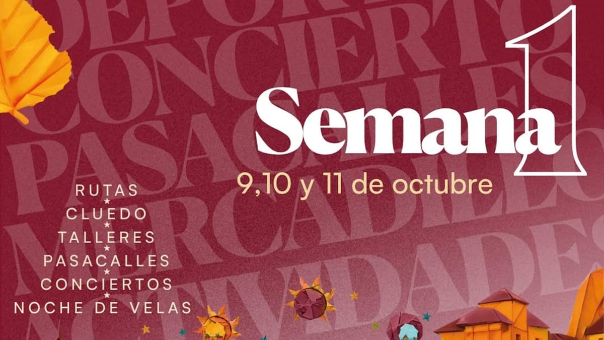 Cartel del Festival de Otoño de Cuenca: semana 1, 9-11 de octubre, con actividades de arte, deporte, conciertos, pasacalles, rutas, cluedo y talleres