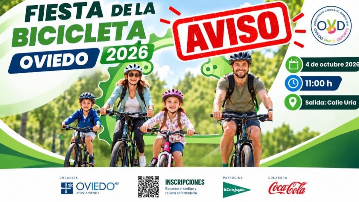Cartel oficial de la Fiesta de la Bicicleta Oviedo 2026 con aviso de cambio de meta, organizado por el Ayuntamiento de Oviedo
