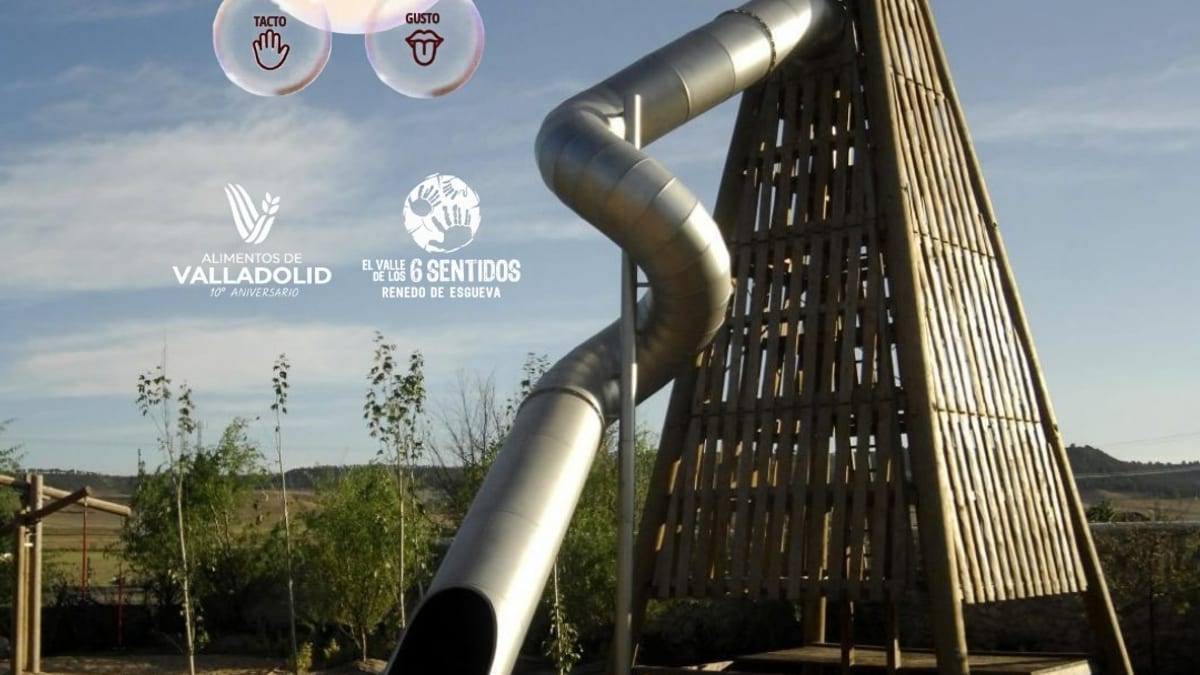 Cartel promocional de la Fiesta de las Familias del Valle de los 6 Sentidos con los elementos de los cinco sentidos representados: vista, oído, olfato, gusto y tacto