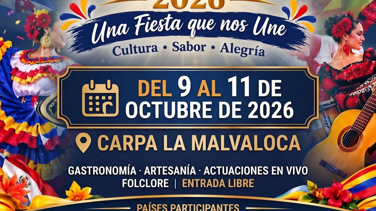 Cartel promocional de la Fiesta de la Hispanidad en Collado-Villalba 2026 con banderas de 19 países hispanohablantes