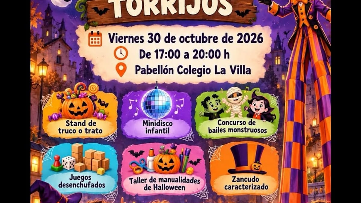 Cartel de la Fiesta Infantil de Halloween de Torrijos con actividades como truco o trato, minidisco, concurso de bailes y taller de manualidades
