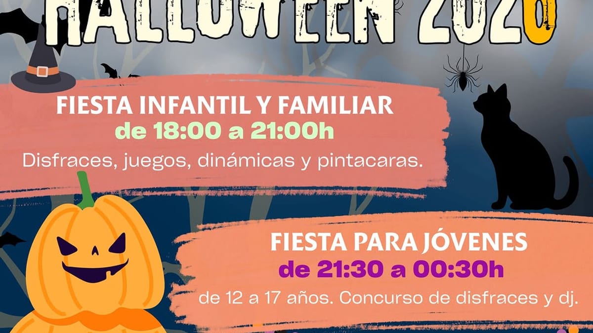 Cartel de las fiestas de Halloween 2026 en Ciempozuelos del 30 de octubre con horarios de fiesta infantil y fiesta para jóvenes