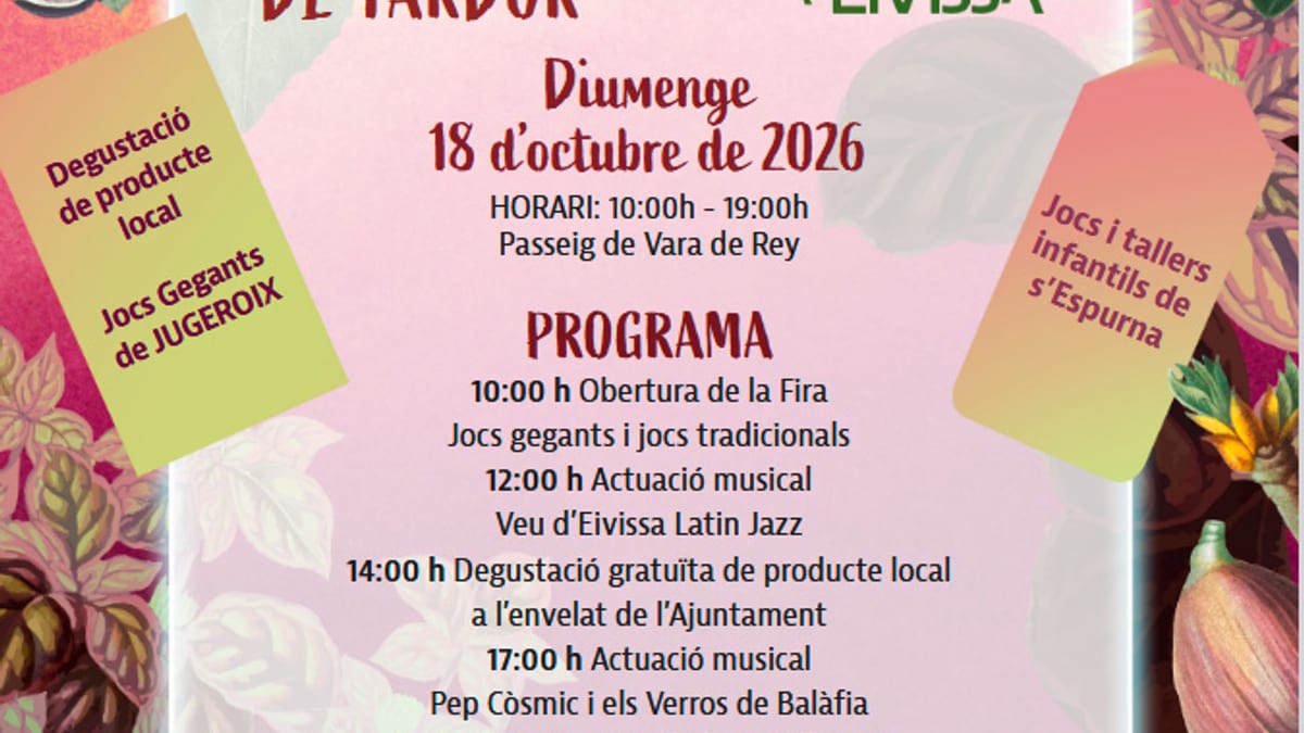 Cartell de la Fira d'Estocs de Tardor d'Ibiza 2026 amb horari, actuacions musicals i activitats