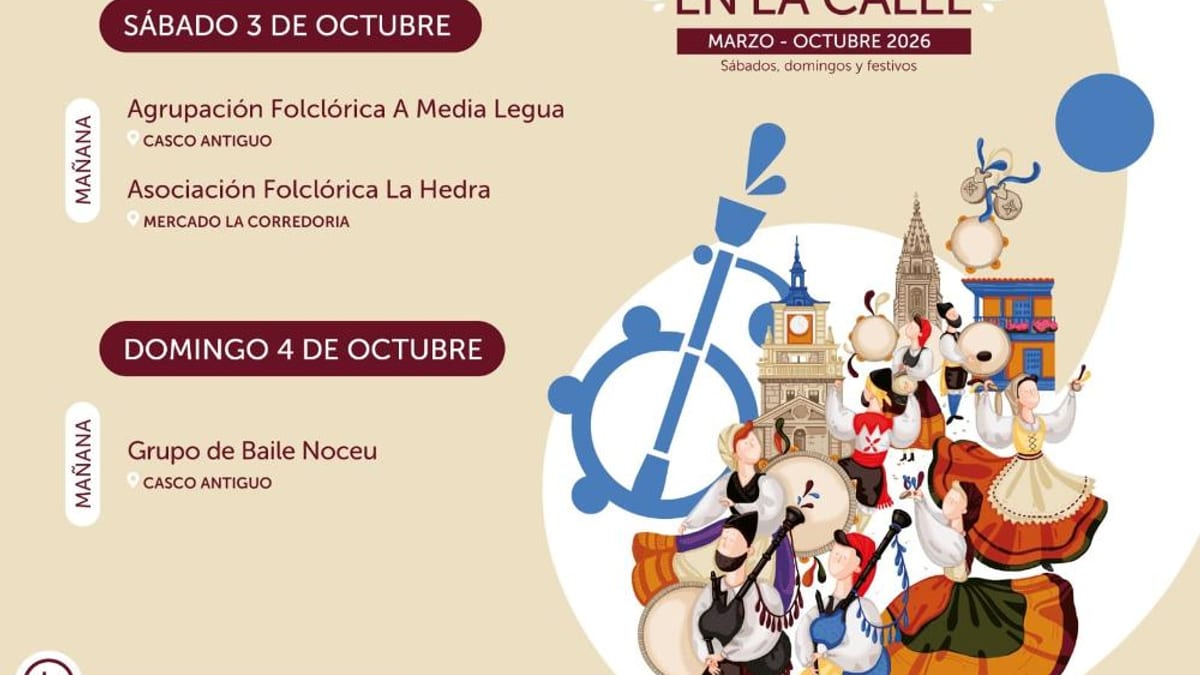 Cartel del programa Folclore en la Calle de Oviedo con actuación del Grupo de Baile Noceu en el Casco Antiguo