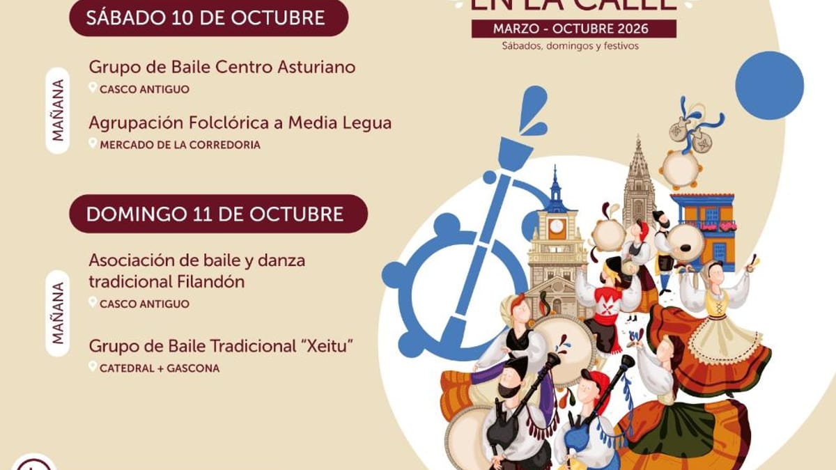Cartel del programa Folclore en la calle de octubre 2026 del Ayuntamiento de Oviedo con información de actuaciones de grupos de baile y danza tradicional