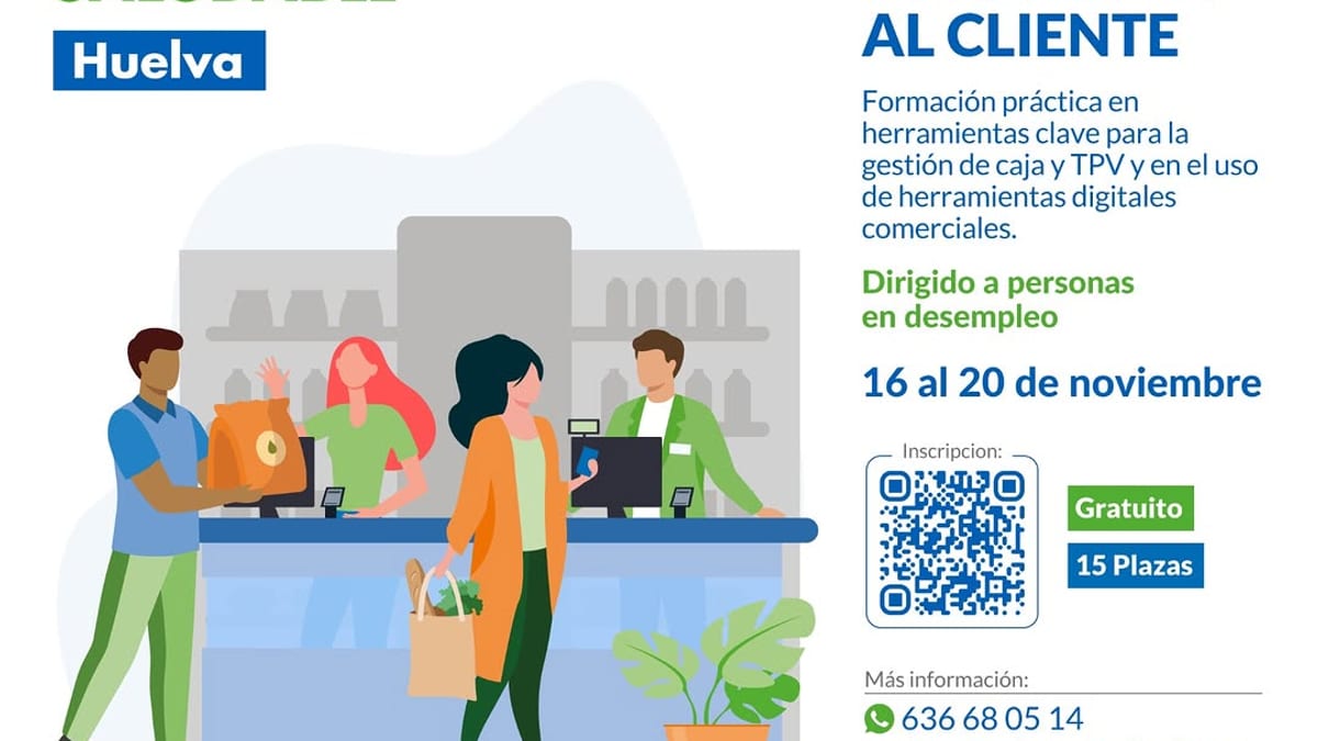 Cartel de formación gratuita en caja, TPV y atención al cliente del programa Vives Emplea Saludable Huelva, del 16 al 20 de noviembre