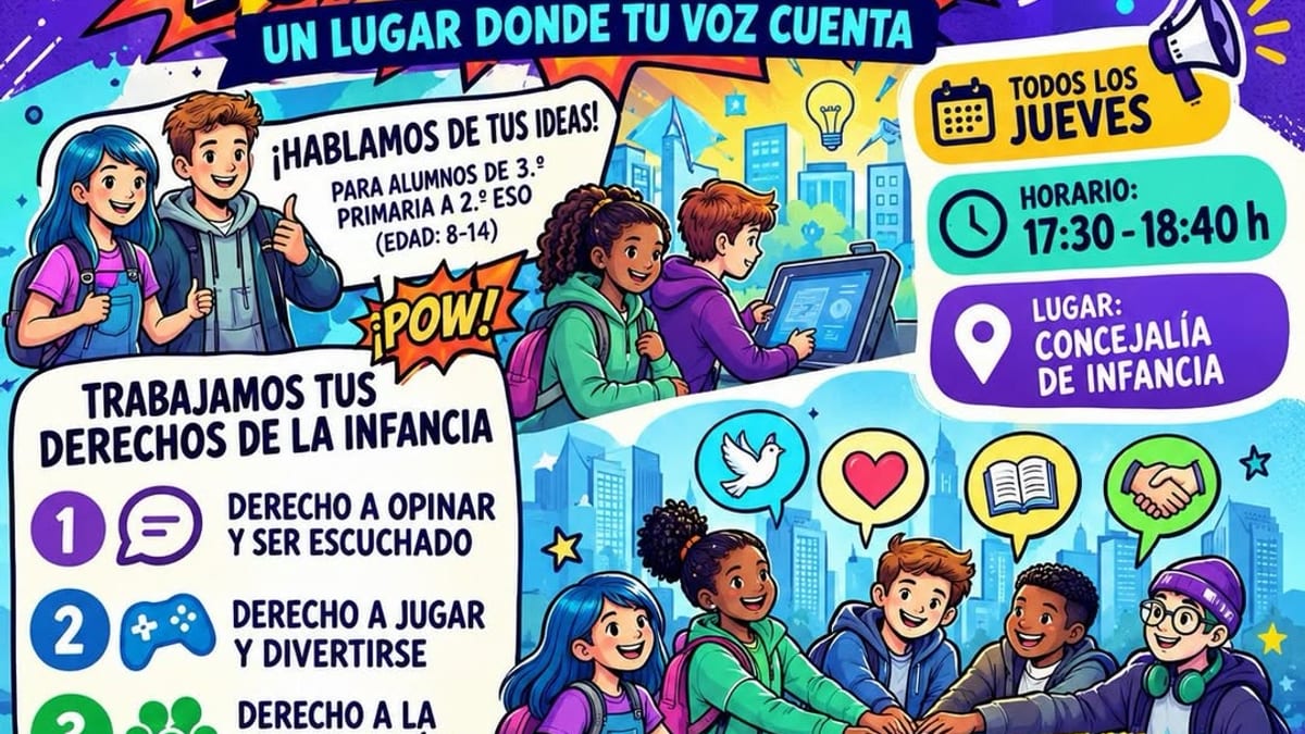 Cartel del Foro Infantil de Humanes de Madrid con información de horarios, lugar y derechos de la infancia