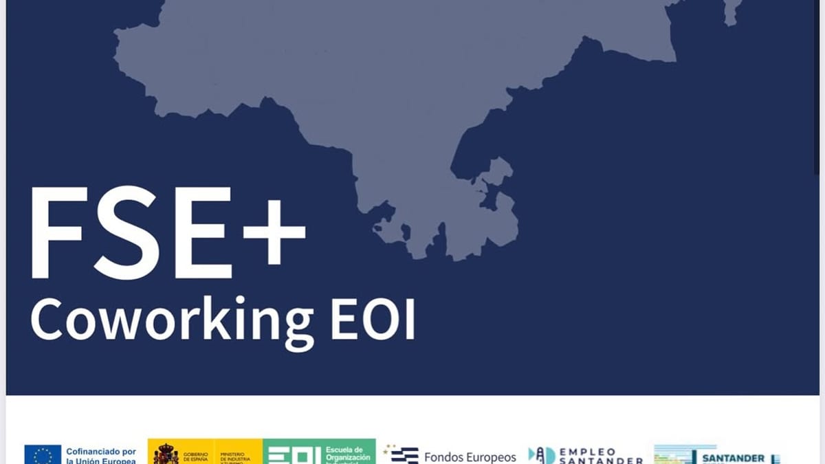 Cartel informativo del FSE+Coworking EOI en Santander con logos de Unión Europea, Gobierno de España, Ministerio de Inclusión, Seguridad Social y Migraciones, y la Escuela de Organización Industrial
