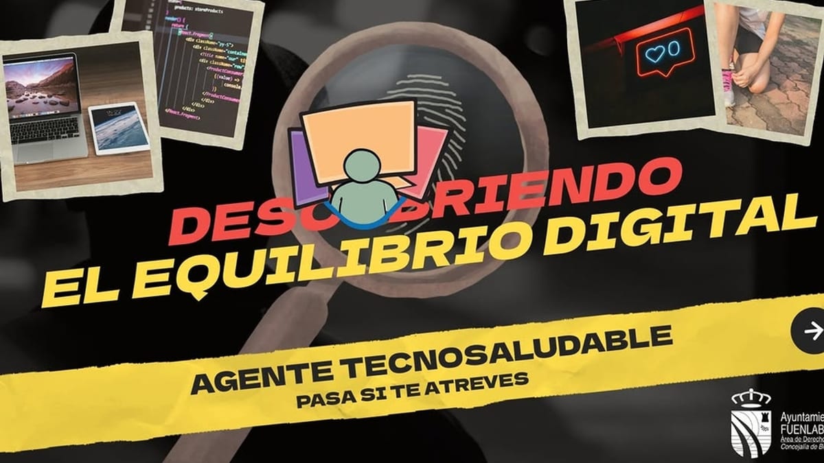 Cartel de los talleres Primeros Pasos en el Uso de la Tecnología del Ayuntamiento de Fuenlabrada con el lema Descubriendo el Equilibrio Digital
