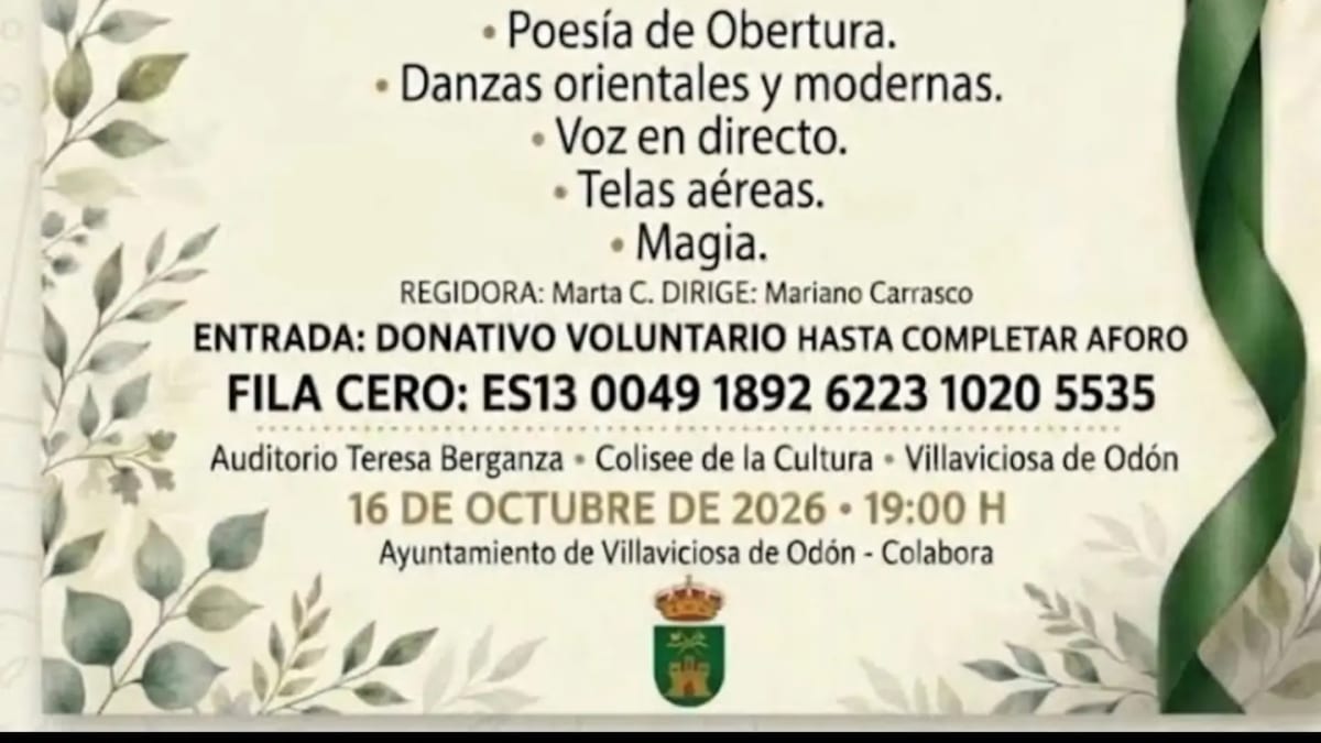 Cartel de la gala benéfica de Villaviciosa de Odón a favor de la Asociación Española Contra el Cáncer, con programa de danzas, magia y actuaciones artísticas