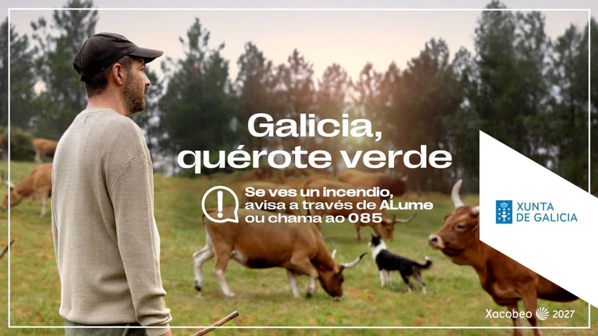 Cartel informativo de la Xunta de Galicia sobre ampliación de época de alto riesgo de incendios hasta 31 de octubre con números de emergencia 085 y aplicación ALume