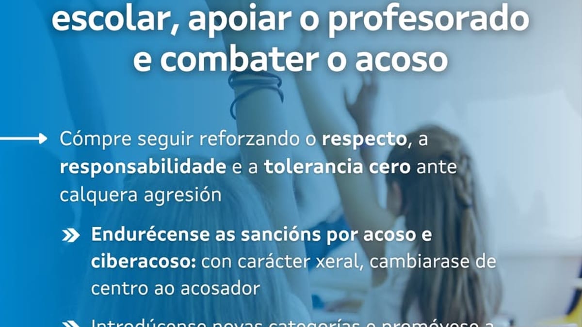 Cartel de la Xunta de Galicia sobre nuevas medidas para fortalecer la convivencia escolar, apoiar al profesorado y combatir el acoso