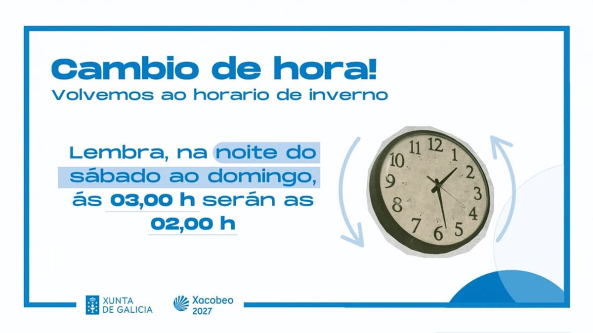 Anuncio del cambio horario de la Xunta de Galicia con información sobre el atraso de reloj en la madrugada del sábado al domingo