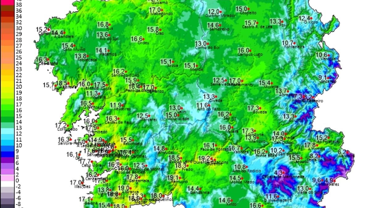 Gráfico de temperaturas máximas de Meteogalicia mostrando registros entre las 02:00 y las 17:30 horas con descenso notable en el territorio gallego