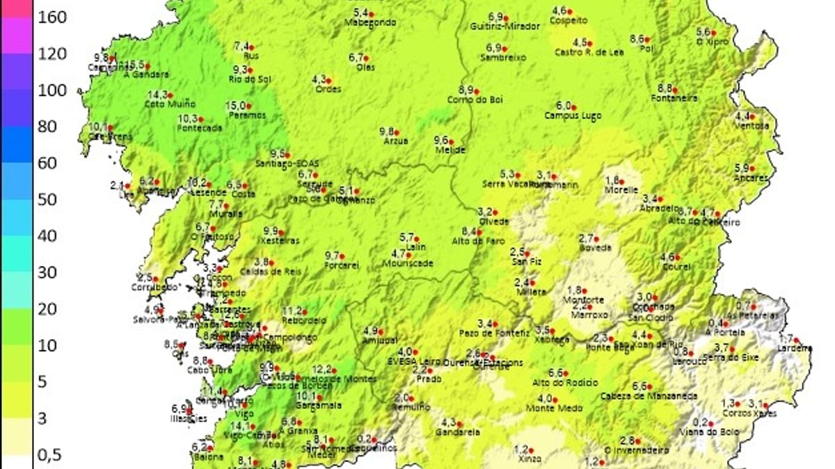Mapa de precipitaciones de Meteogalicia mostrando lluvia generalizada en Galicia entre el 20 y 21 de octubre