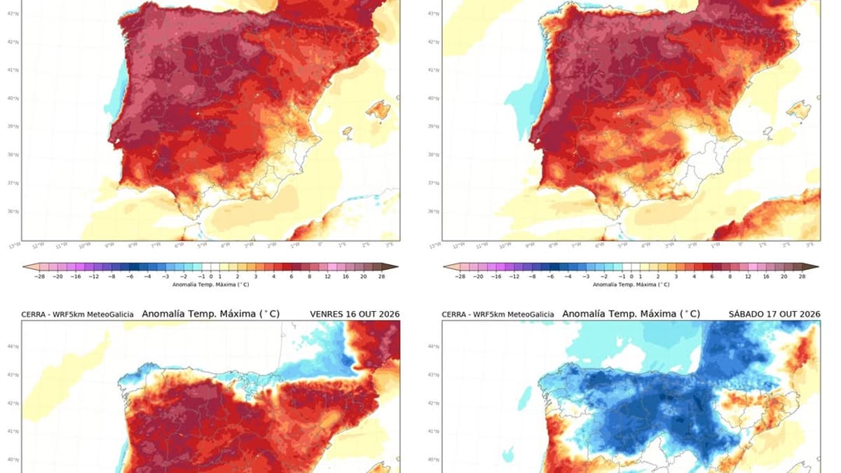 Mapa de predicción meteorológica de MeteoGalicia mostrando anomalía de temperatura máxima en grados centígrados para Galicia