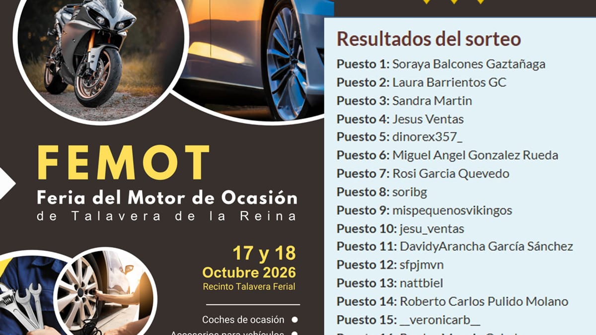 Cartel del sorteo de ganadores de FEMOT 2026 con los 20 nombres premiados y información de la Feria del Motor de Ocasión de Talavera