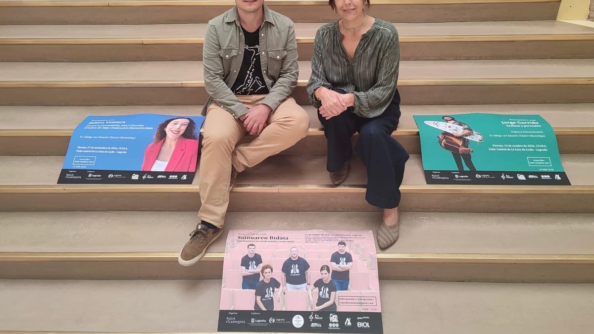 Carteles de la iniciativa Encuentros con los nombres de los artistas Jorge Garrido, Soinuaren Bidaia y Sakira Ventura, logos de Rioja Filarmonía y Logroño