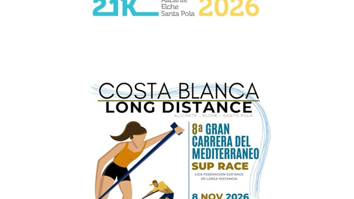 Cartel promocional de la VIII Gran Carrera del Mediterráneo 2026 con recorrido desde Alicante a Santa Pola