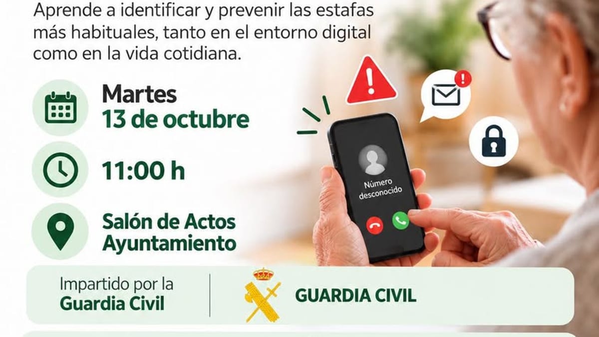 Cartel informativo del taller 'Cuidado con las estafas' de la Guardia Civil en Sevilla la Nueva, 13 de octubre a las 11:00 horas