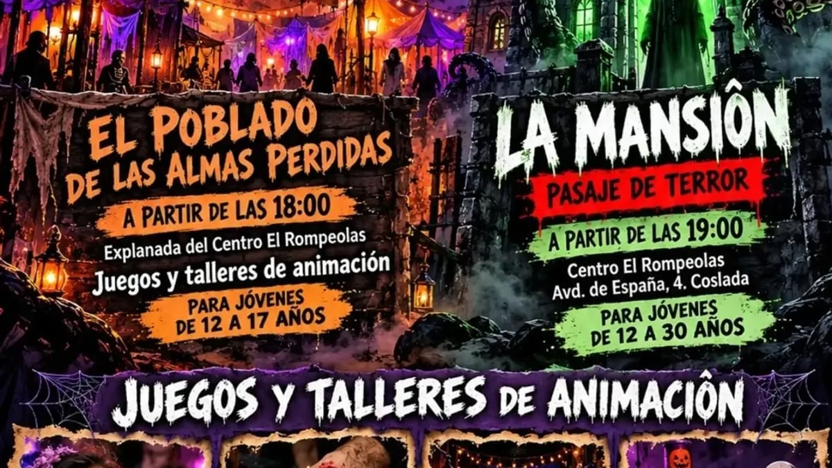 Cartel promocional de las actividades de Halloween 2026 en Coslada: El Poblado de las Almas Perdidas y La Mansión Pasaje del Terror en El Rompeolas