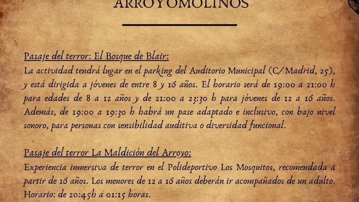 Cartel del Halloween de Arroyomolinos con las fechas, horarios y actividades de terror para el 31 de octubre