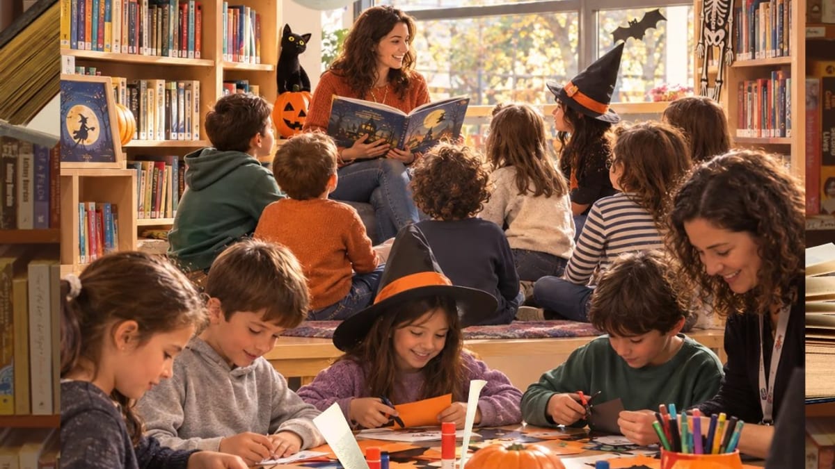 Cartel de actividades de Halloween en las bibliotecas municipales de San Sebastián de los Reyes con cuentos, talleres y creatividad