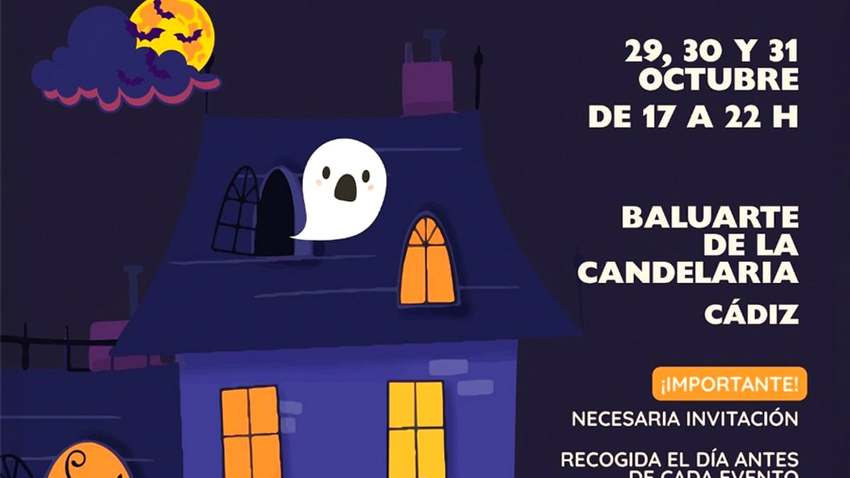 Cartel promocional de Halloween en Cádiz 2024 con las fechas 29, 30 y 31 de octubre para la Plazuela del Truco o Trato en el Baluarte de la Candelaria
