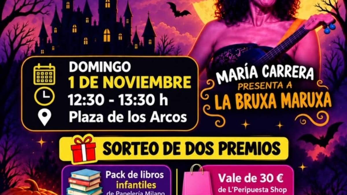 Cartel del evento Halloween de cuento con la Bruxa Maruxa el domingo 1 de noviembre a las 12:30-13:30 horas en la Plaza de los Arcos de Sevilla la Nueva