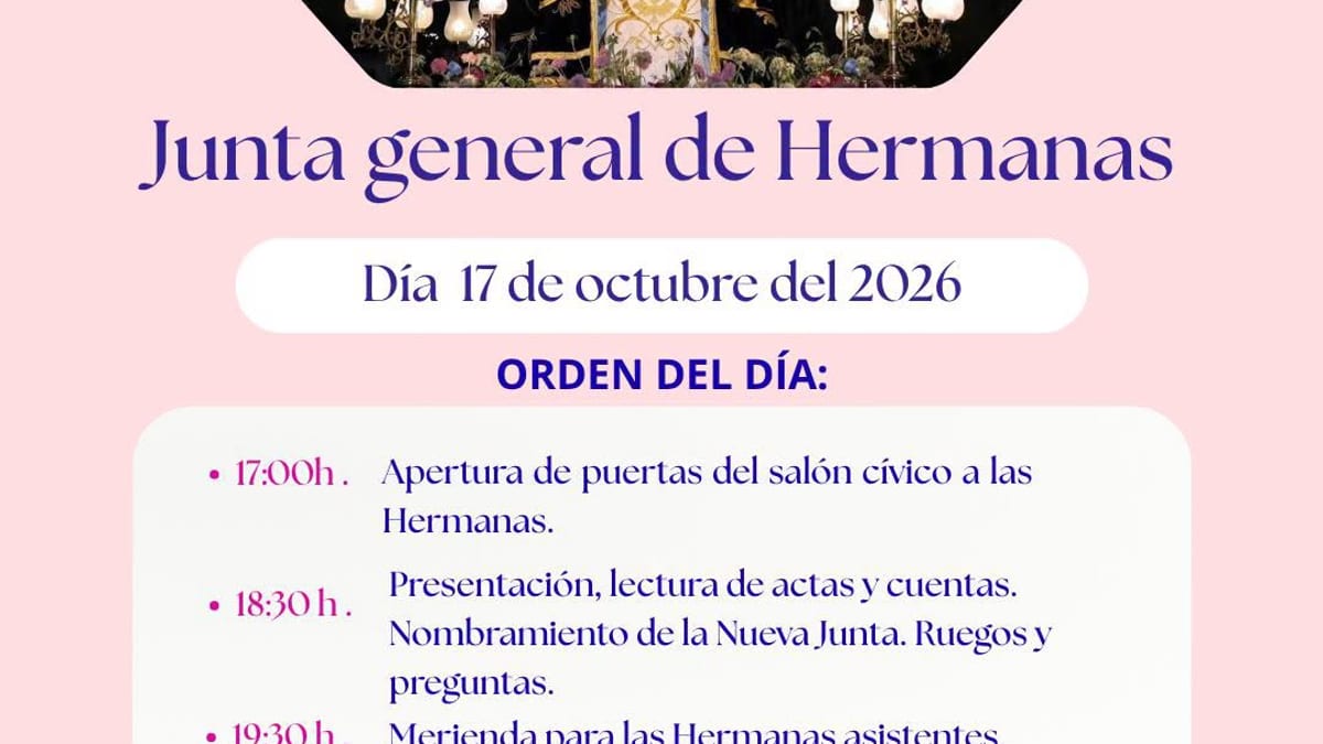 Cartel informativo de la Junta General de la Hermandad de Nuestra Señora de la Soledad del 17 de octubre de 2026 con el programa de actividades