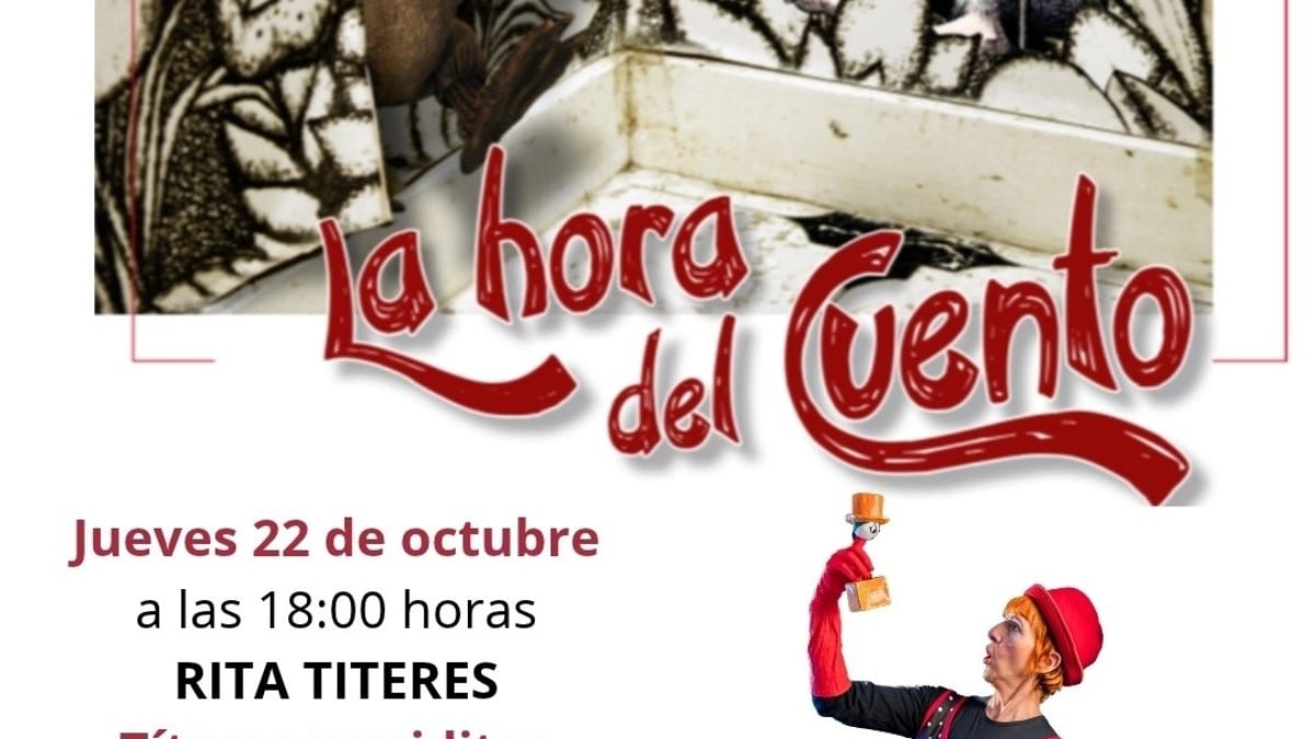 Cartel de La hora del cuento con títeres y ruiditos de Rita Títeres en la Biblioteca Municipal de Villaviciosa de Odón