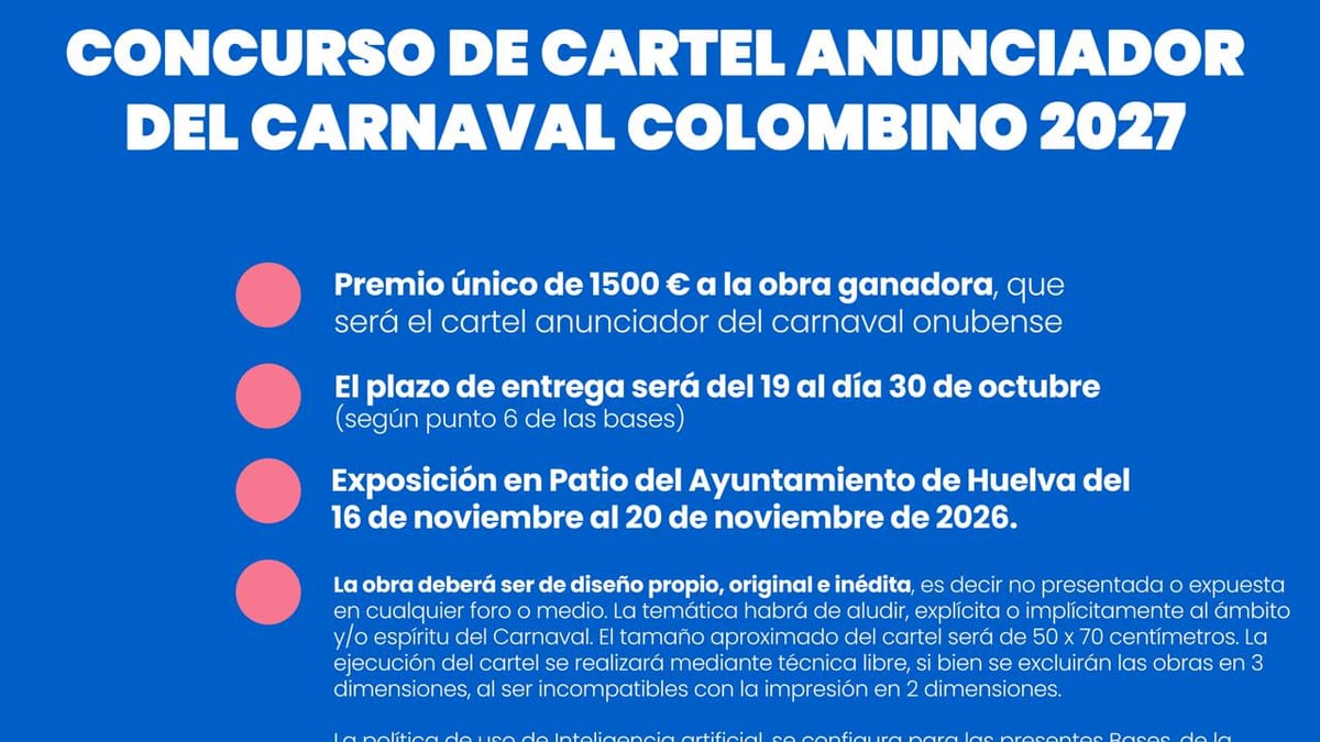 Cartel del concurso del cartel anunciador del Carnaval Colombino 2027 convocado por el Ayuntamiento de Huelva