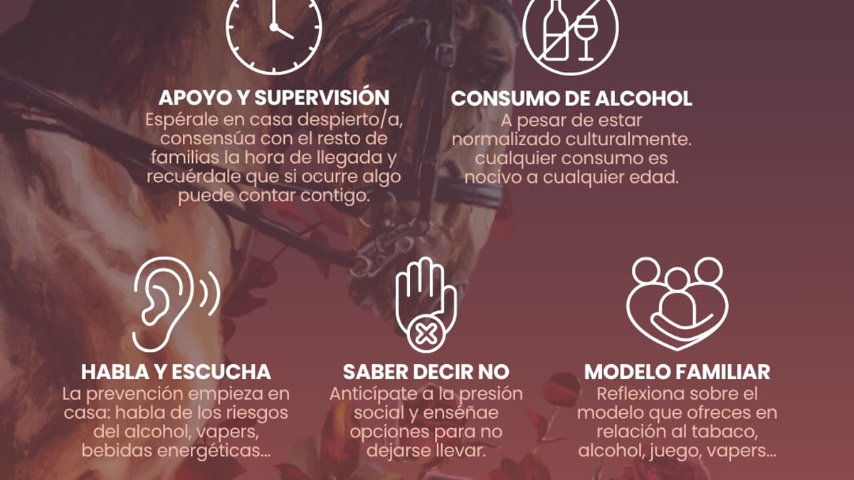 Cartel de la campaña Fiesta en Igualdad con recomendaciones de prevención del Plan Municipal de Adicciones de Huelva