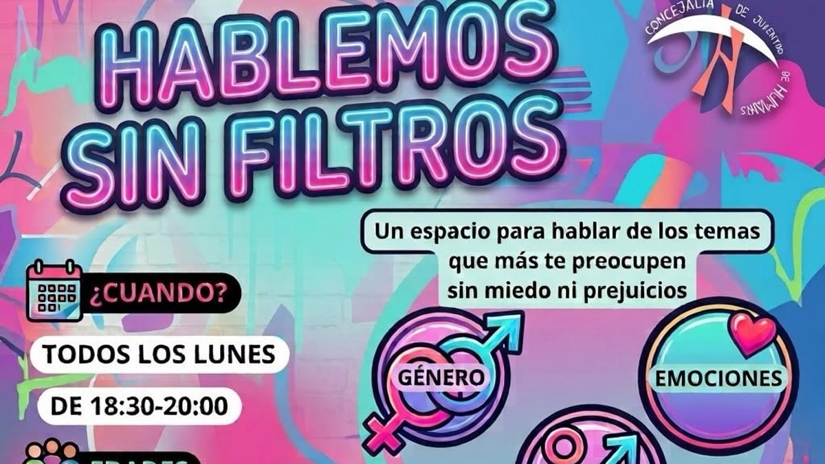 Cartel promocional del proyecto Hablemos sin Filtros de la Casa de la Juventud de Humanes de Madrid con información sobre fechas, horarios y temáticas de las sesiones