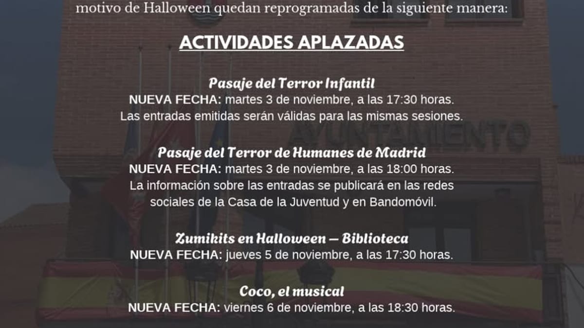 Comunicado oficial del Ayuntamiento de Humanes de Madrid sobre el luto oficial y reprogramación de actividades de Halloween