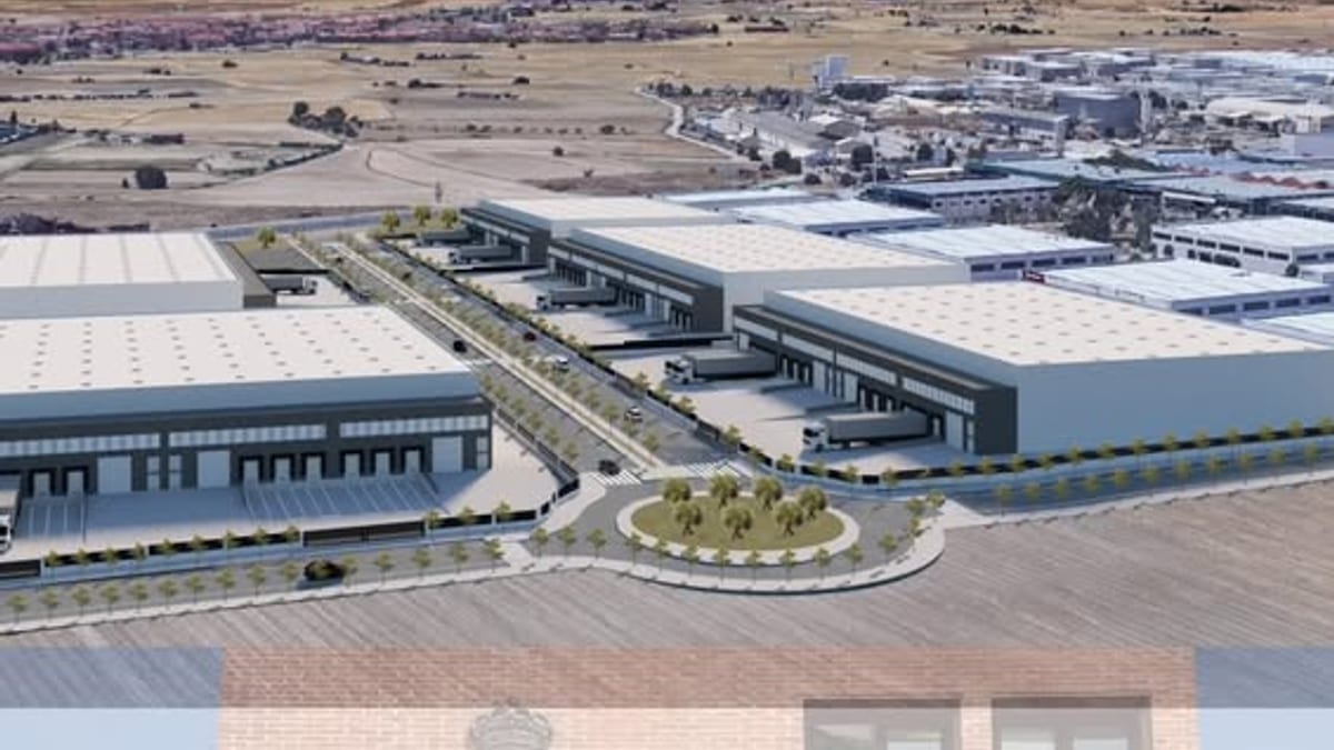 Render del Sector Q del Parque Industrial El Molino en Humanes de Madrid con naves industriales modernas