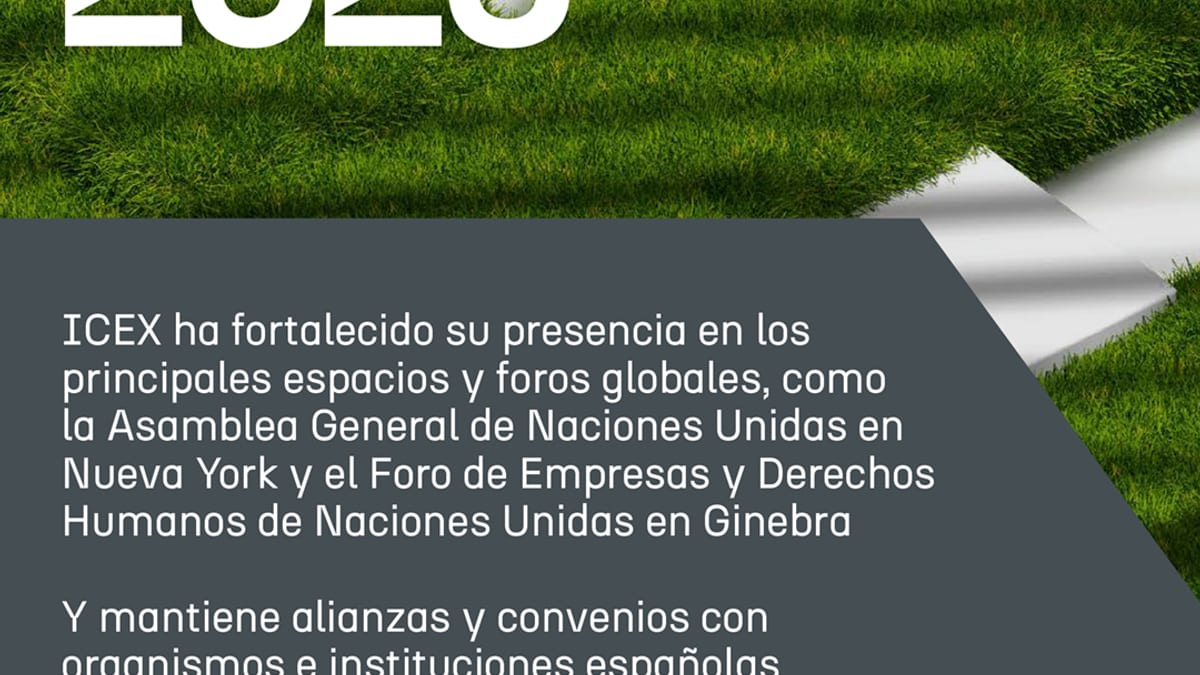 Memoria de Sostenibilidad 2025 de ICEX con logos de instituciones colaboradoras y referencia a participación en Naciones Unidas