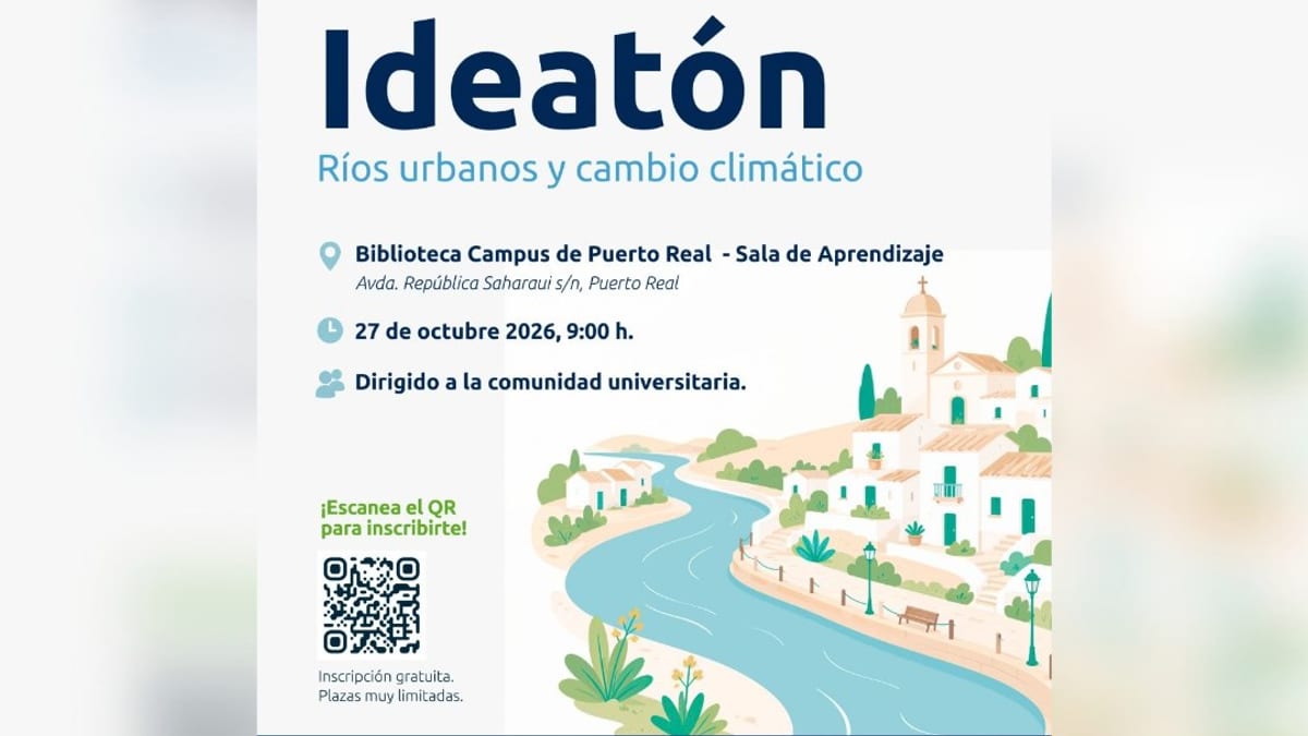 Cartel del Ideatón Ríos urbanos y cambio climático. 27 de octubre, 9:00 h. Biblioteca Campus Puerto Real. Proyecto URRACA financiado por la Unión Europea.