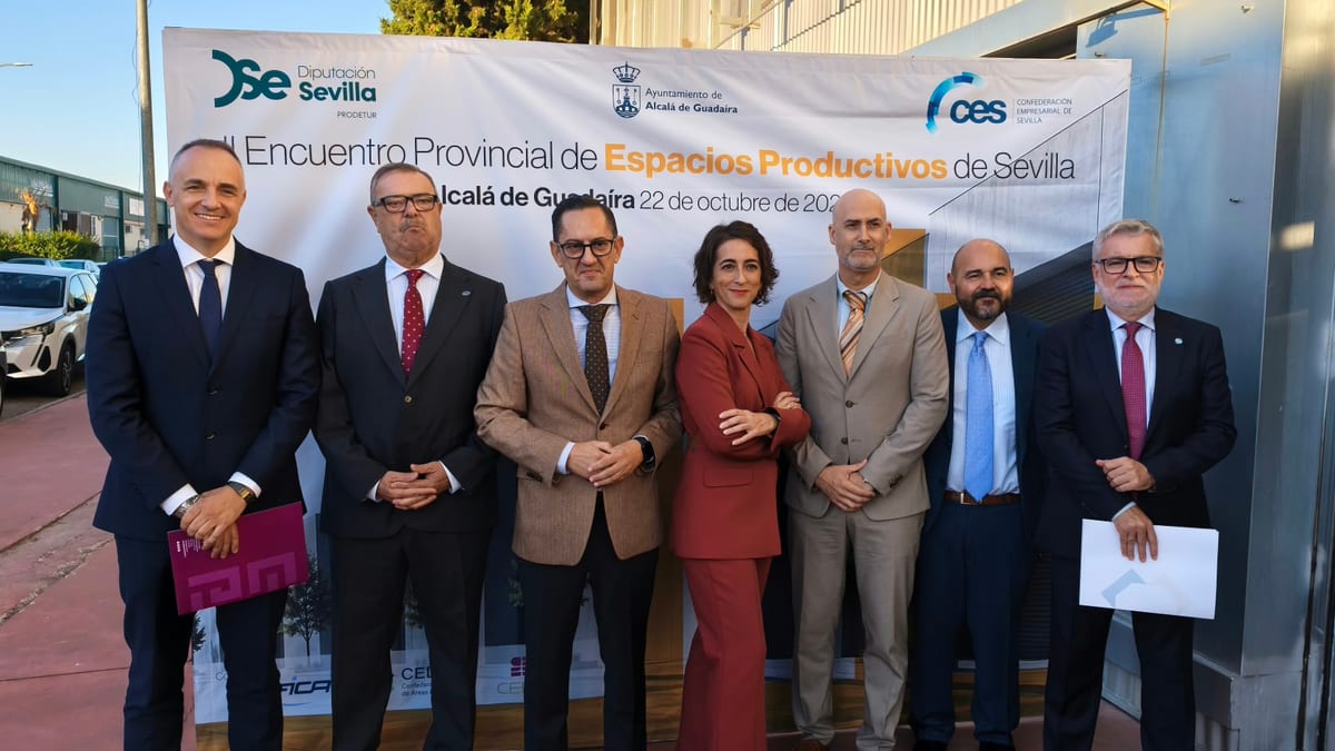 Cartel del II Encuentro Provincial de Espacios Productivos de Sevilla celebrado en Alcalá de Guadaíra con logos de Diputación de Sevilla, Ayuntamiento de Alcalá de Guadaíra, PROCESUR y Confederación Empresarial de Sevilla