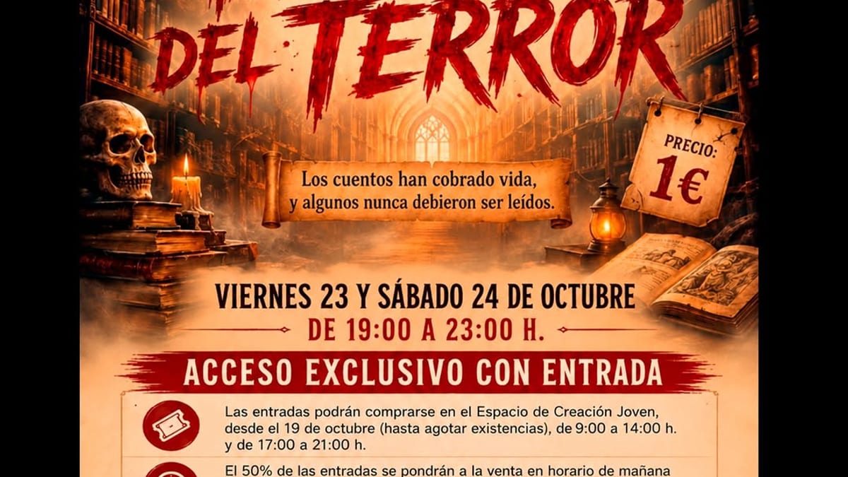 Cartel informativo del pasaje del terror La Biblioteca Prohibida, Halloween 2026 en Illescas