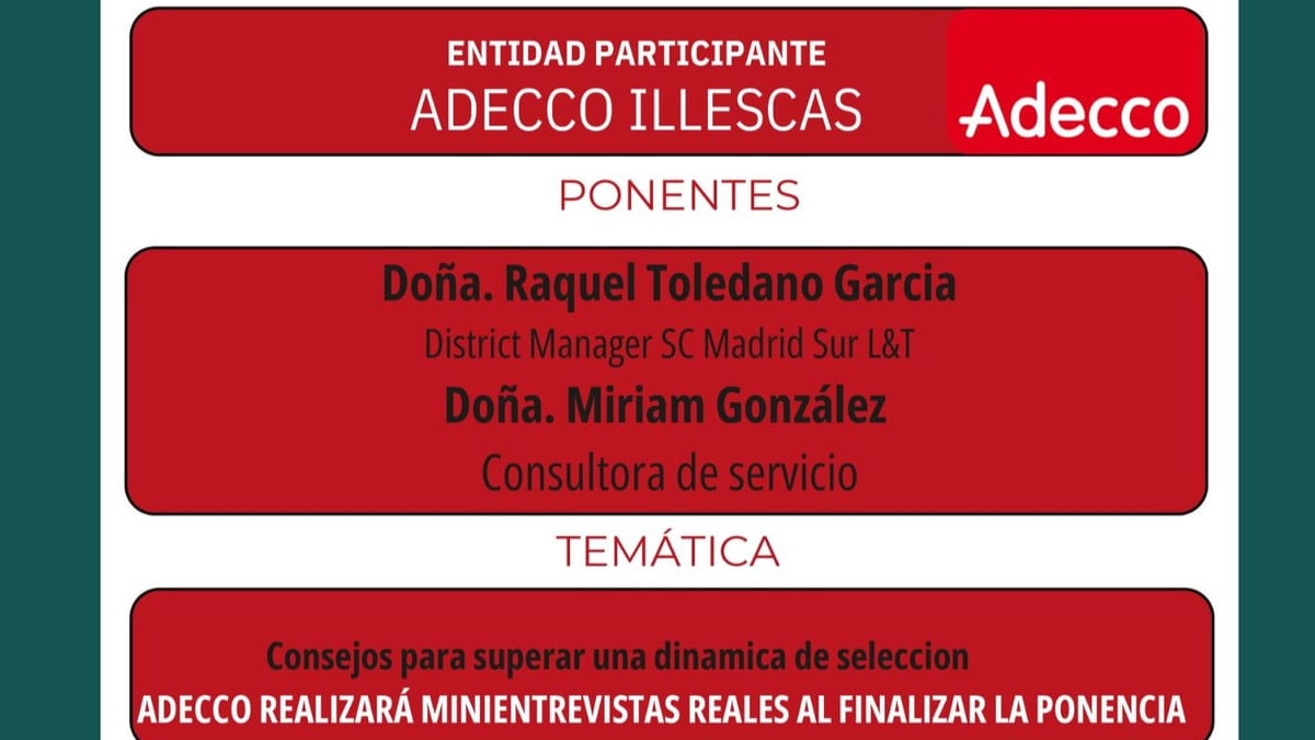 Cartel de la dinámica de empleo con ADECCO en Illescas del 29 de octubre con información de ponentes y requisitos de inscripción