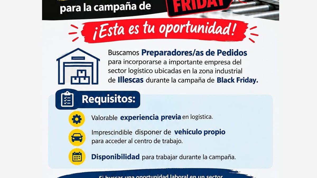 Cartel de oferta de empleo para Preparadores de Pedidos en Illescas durante Black Friday