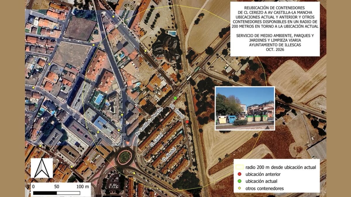 Mapa de reubicación de contenedores en Illescas mostrando la ubicación anterior en calle Cerezo y la nueva en Avenida Castilla-La Mancha