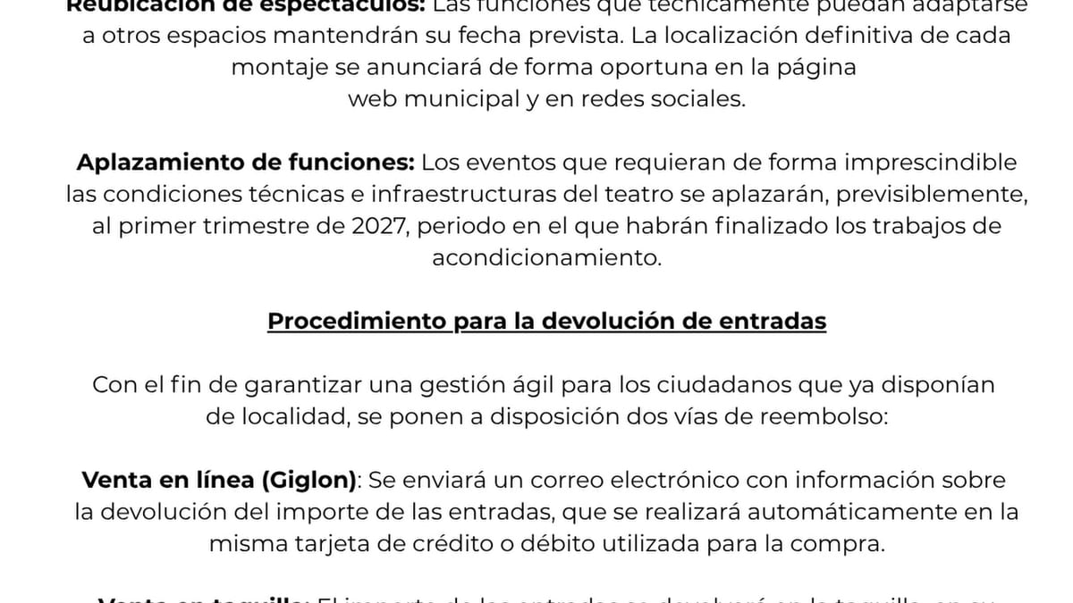 Comunicado del Ayuntamiento de Tres Cantos sobre la reorganización provisional del Teatro Municipal del Centro Cultural Adolfo Suárez