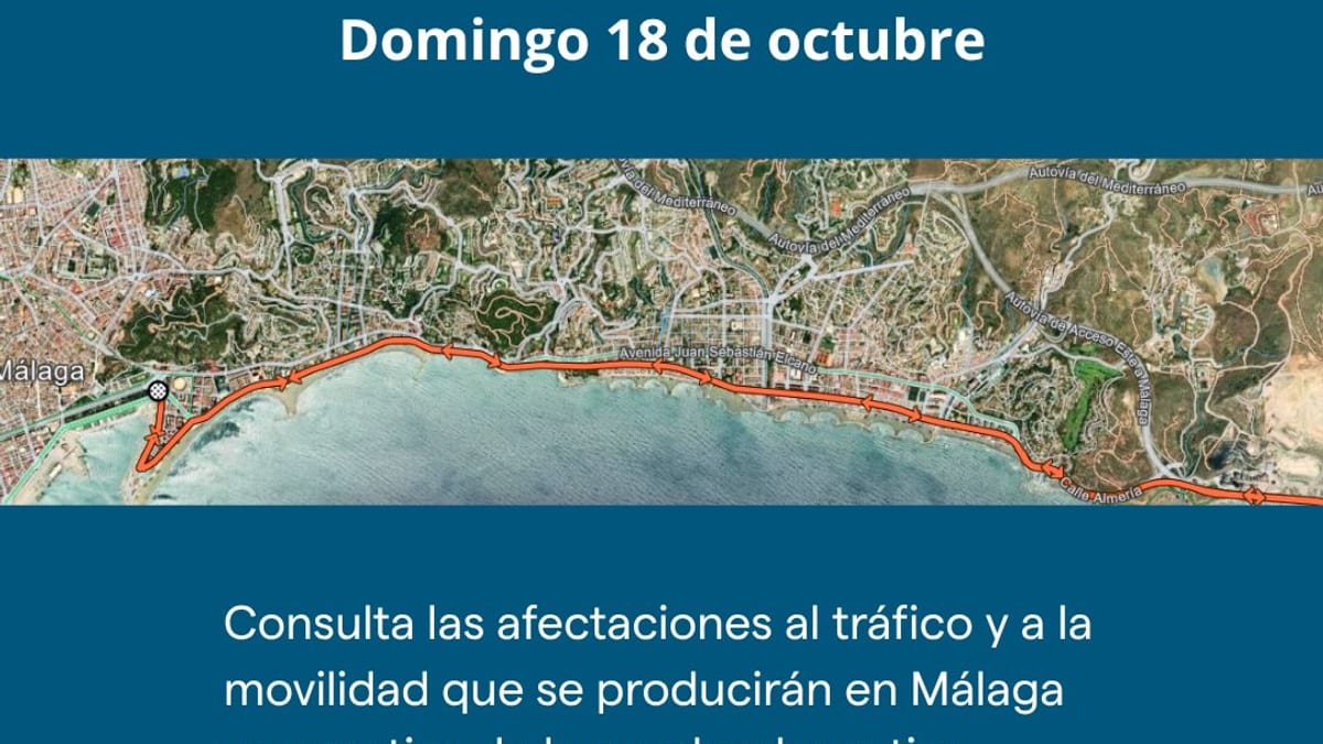 Cartel informativo del IRONMAN 70.3 Málaga para el domingo 18 de octubre con información sobre afectaciones al tráfico y movilidad