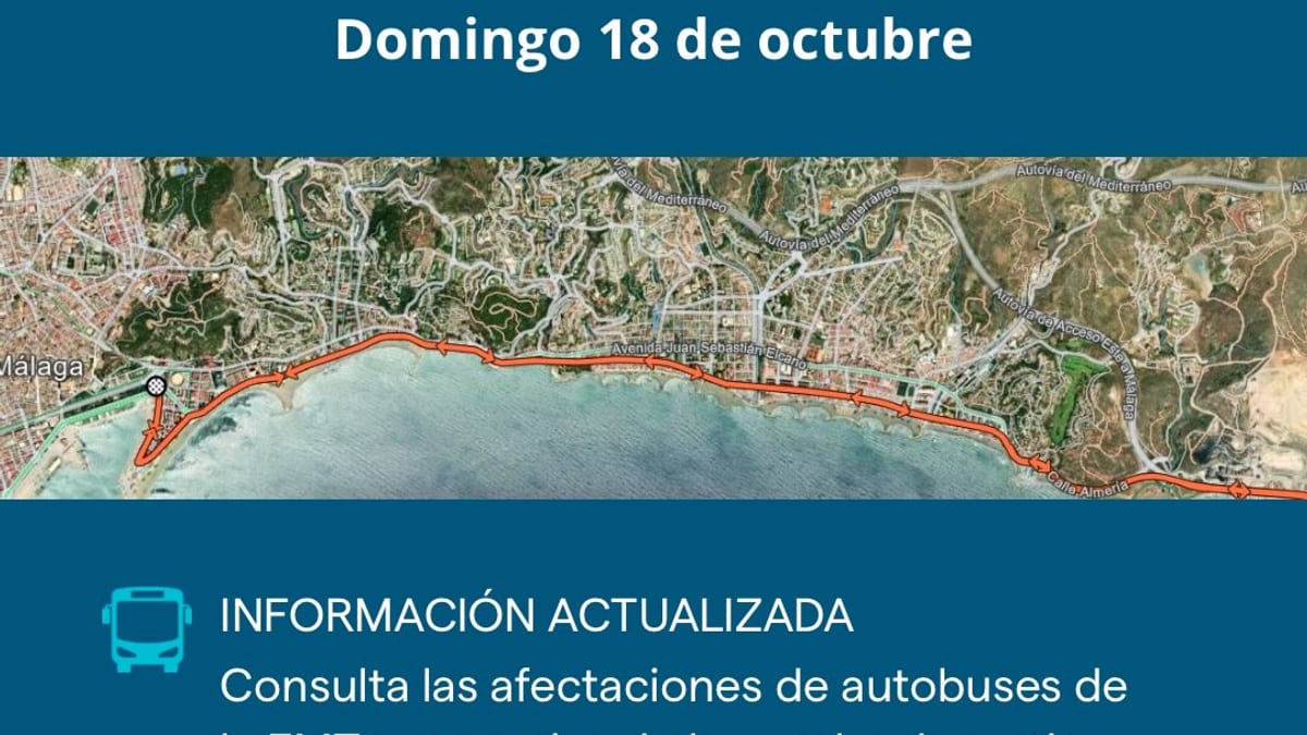 Cartel informativo IRONMAN 70.3 Málaga del 18 de octubre con información de afectaciones en autobuses de la EMT