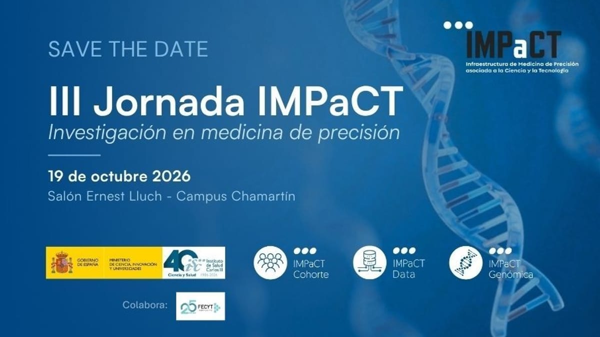 Cartel de las III Jornadas IMPaCT de Investigación en Medicina de Precisión del ISCIII en el Salón Ernest Lluch del Campus Chamartín de Madrid