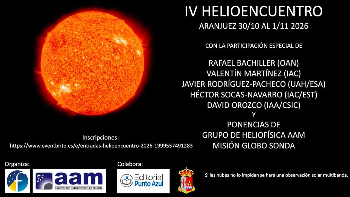 Cartel del IV Helioencuentro de Aranjuez del 30 de octubre al 1 de noviembre de 2026, con participantes especialistas en heliofísica y astronomía